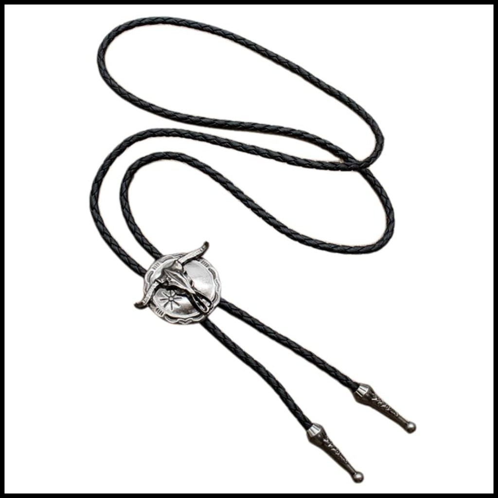 Vintage Silver Bull Head Bolo Tie Western Retro Adjustable Leather Rope Necklace